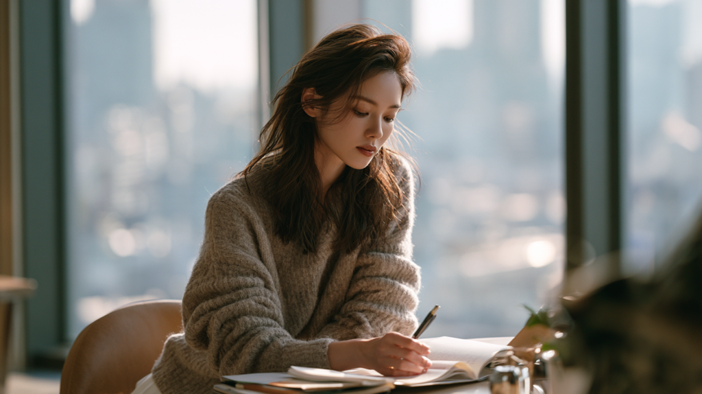 陽光が差し込む高層ビルの窓辺で、悩みながら手帳にペンを走らせる30代女性。仕事やキャリア、人生の選択に迷い、「このままでいいのか」と自問自答している様子。
