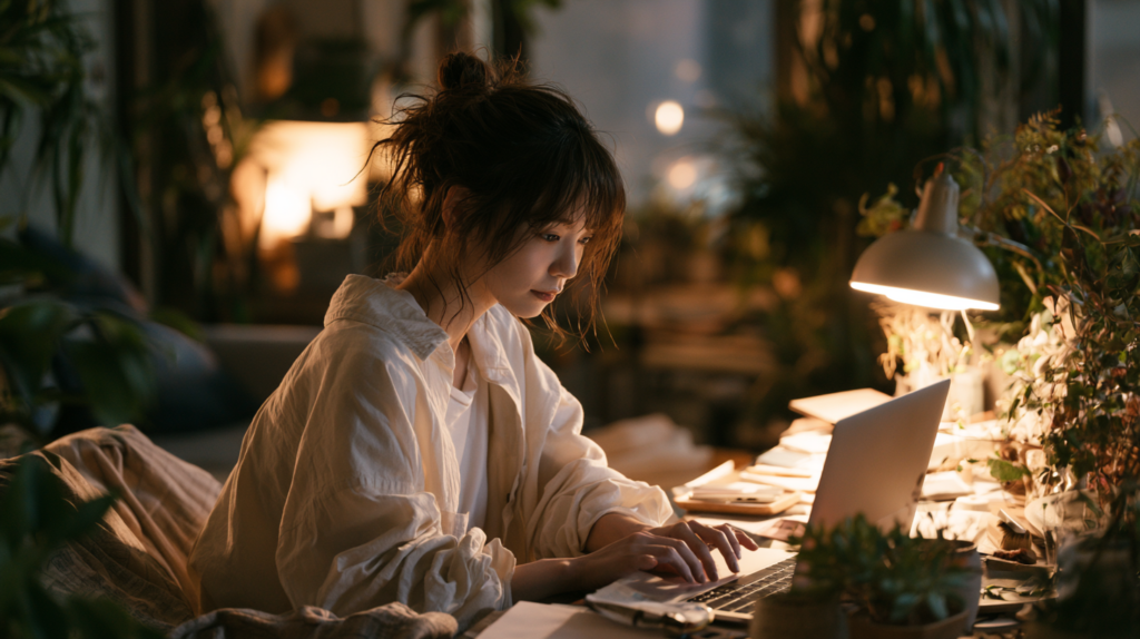 夜の部屋でノートパソコンを見つめながら、仕事や将来への焦りを感じる30代女性