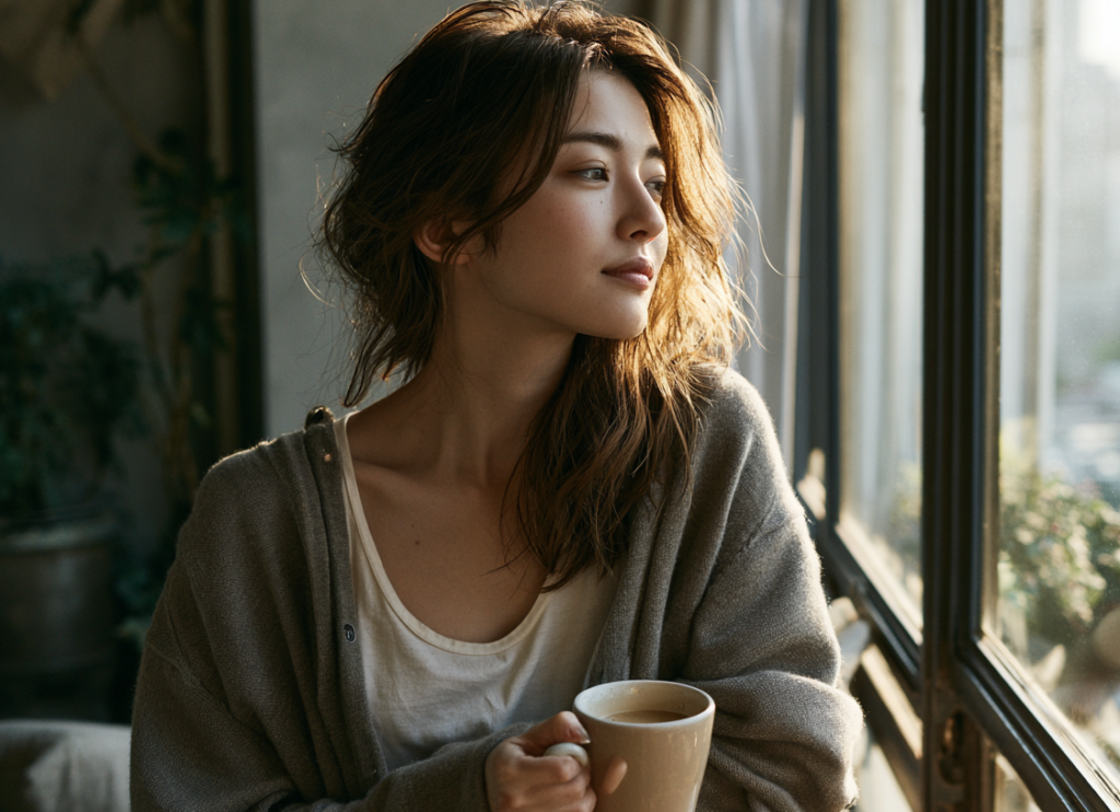 窓辺でコーヒーを片手に、自分の人生やこれからについて静かに考える女性のイメージ