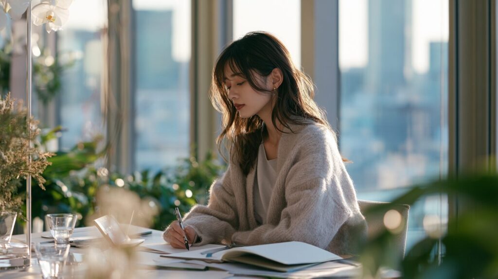将来の働き方や転職について悩みながら、ノートに考えを書き込む女性の姿。スキル不足への不安を抱えるイメージ