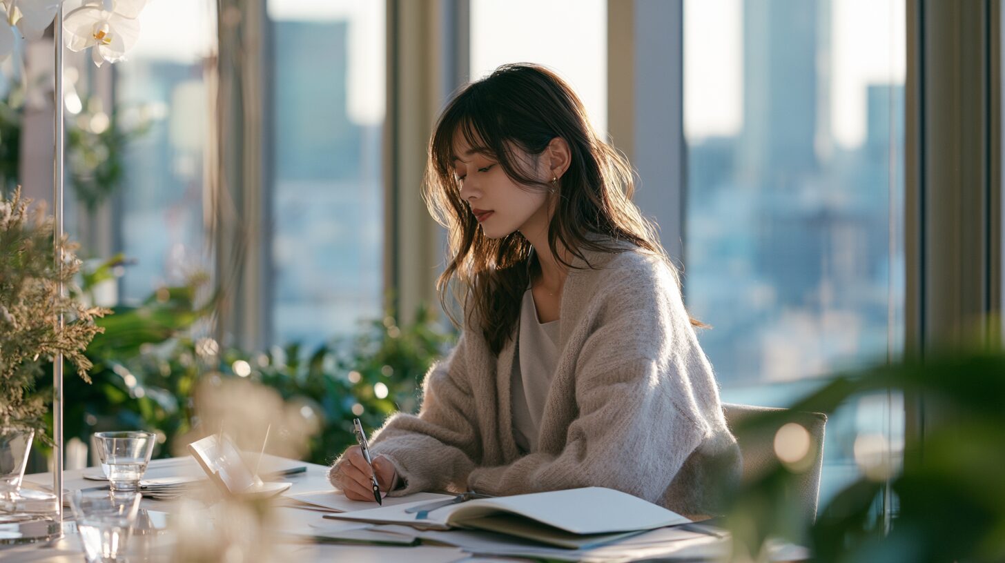 将来の働き方や転職について悩みながら、ノートに考えを書き込む女性の姿。スキル不足への不安を抱えるイメージ