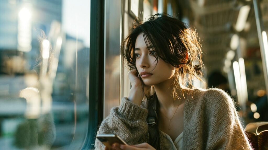 電車の窓際に座り、スマホを手にしながら将来への不安を抱える20〜30代女性のイメージ