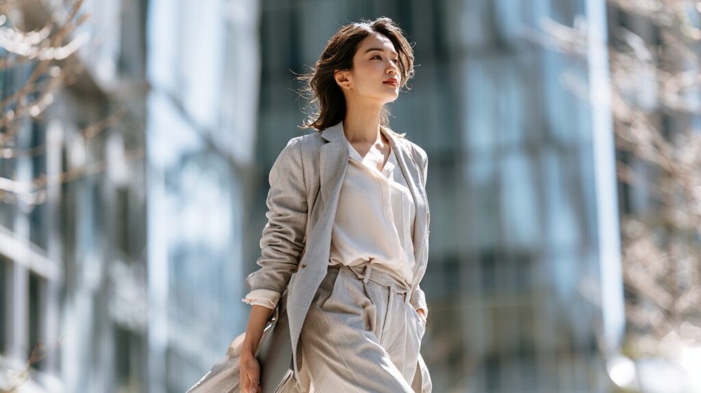 オフィス街を前向きな表情で歩く女性。会社員として働きながら独立を目指すキャリア女性のイメージ。