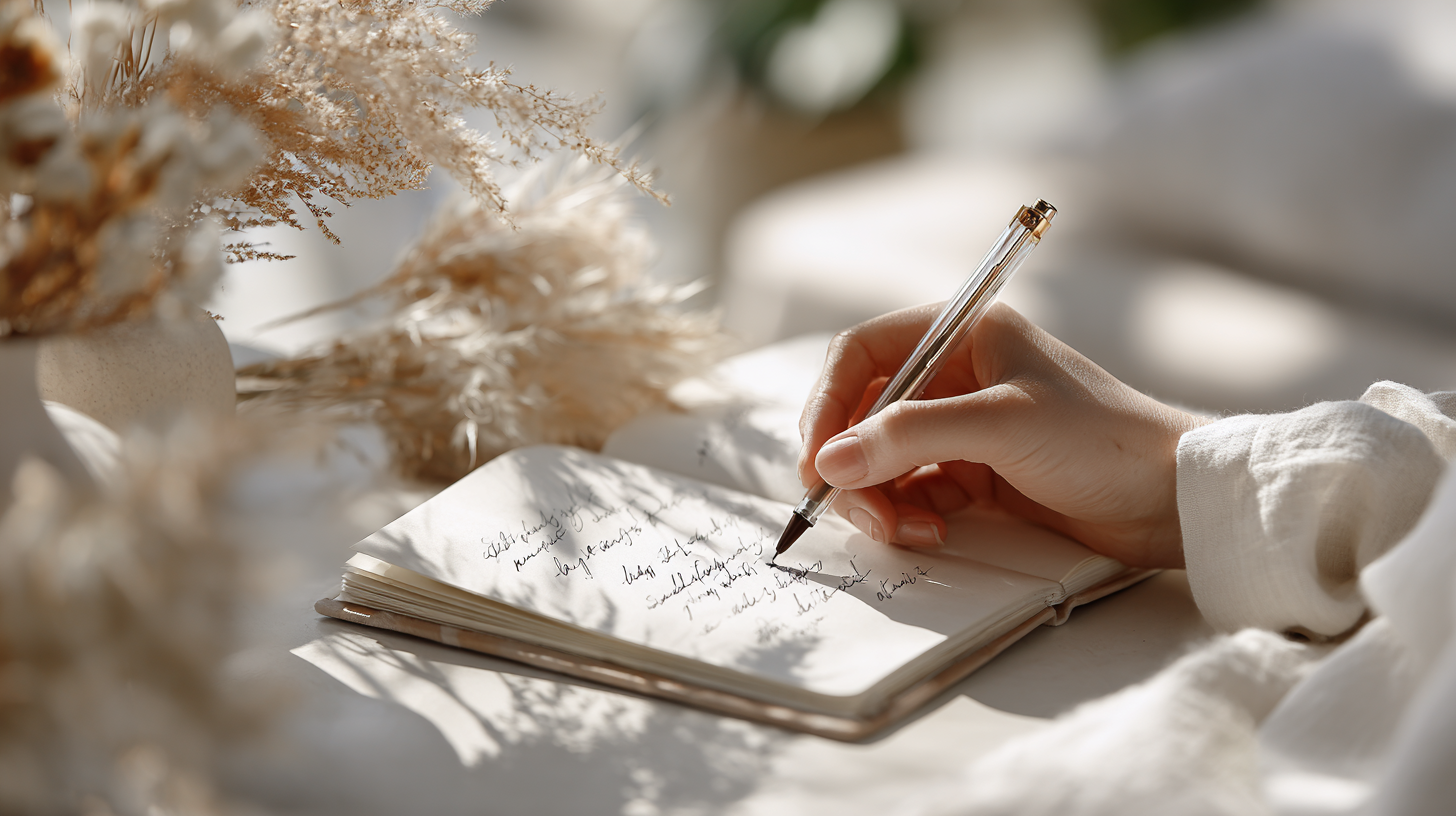 ノートに文章を書き込む女性の手元。柔らかな自然光が差し込む落ち着いた空間で、在宅でWebライター副業を始めるイメージ。