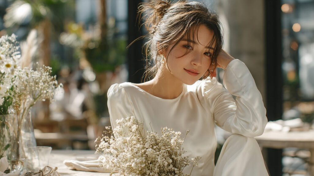 結婚後のキャリアに悩む女性が、ウェディングドレス姿で落ち着いた表情を浮かべながら将来について考えている様子