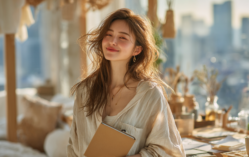 ノートを抱えながら柔らかく微笑む女性。明るい部屋で新しいキャリアや転職活動への前向きな一歩をイメージした写真。