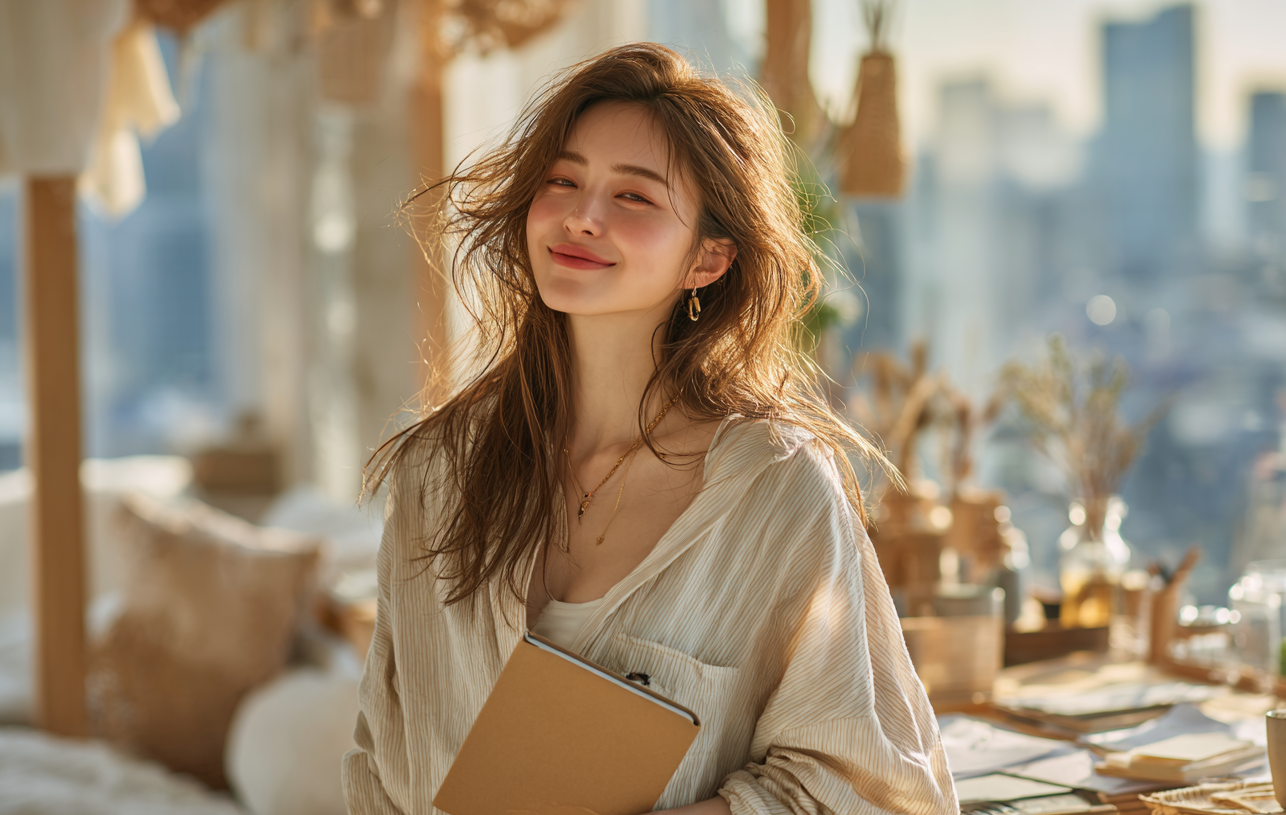 ノートを抱えながら柔らかく微笑む女性。明るい部屋で新しいキャリアや転職活動への前向きな一歩をイメージした写真。