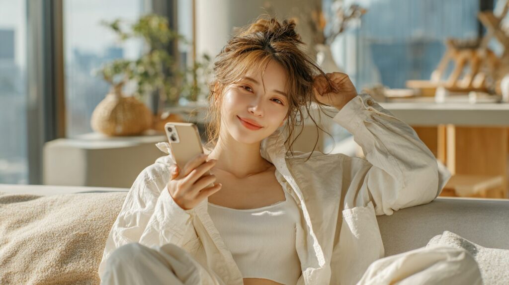 スマホを手にリラックスした表情を見せる女性。自宅で気軽に始められるインスタ副業のイメージ。