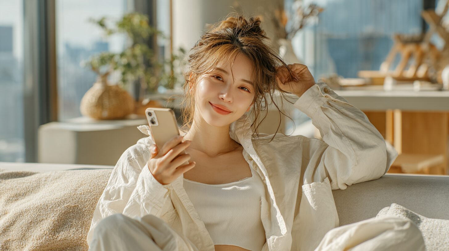 スマホを手にリラックスした表情を見せる女性。自宅で気軽に始められるインスタ副業のイメージ。