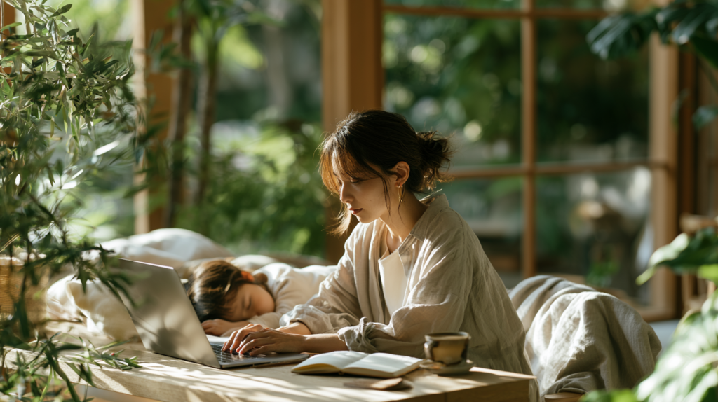 自宅で子どもを寝かしつけながらパソコン作業をするワーママの様子