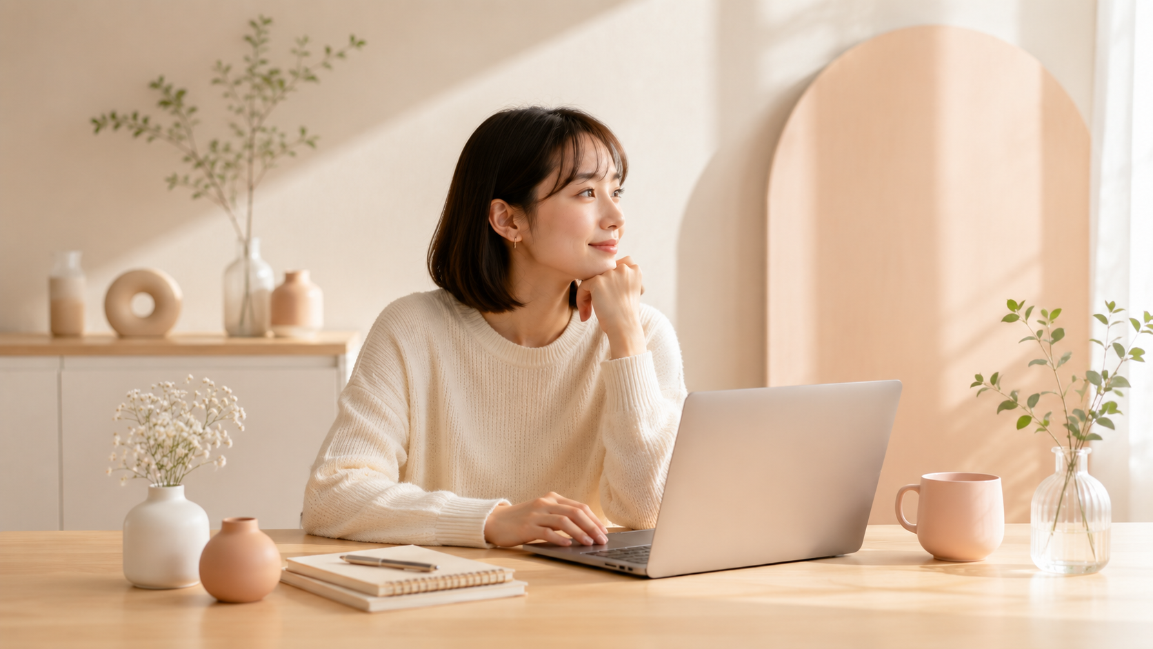 在宅ワークをする女性が、明るくナチュラルな部屋でノートパソコンを使いながら副業に取り組んでいる様子