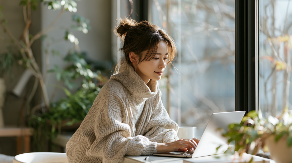 ノートパソコンを使いながら、自分に合う仕事や転職先について考える女性のイメージ
