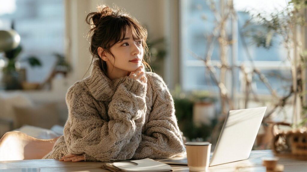 ノートパソコンの前で考え事をする女性。暖かな日差しが差し込む室内で、Webスキルや副業について学びながら将来の働き方を検討している様子。
