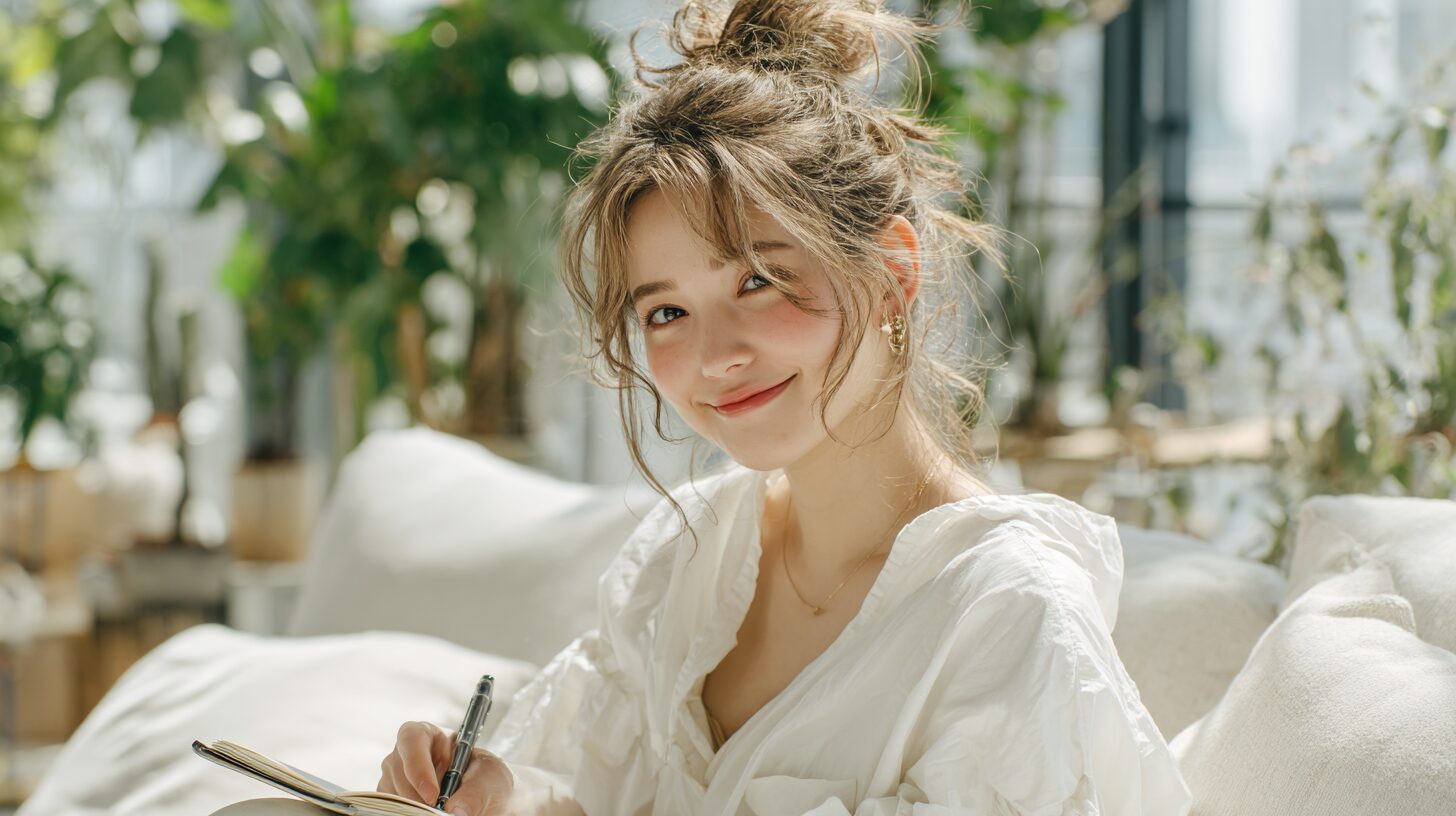 ノートに書き込みながら微笑む30代女性のイメージ。未経験転職への不安や新しいキャリアへの挑戦を前向きに考えている様子。