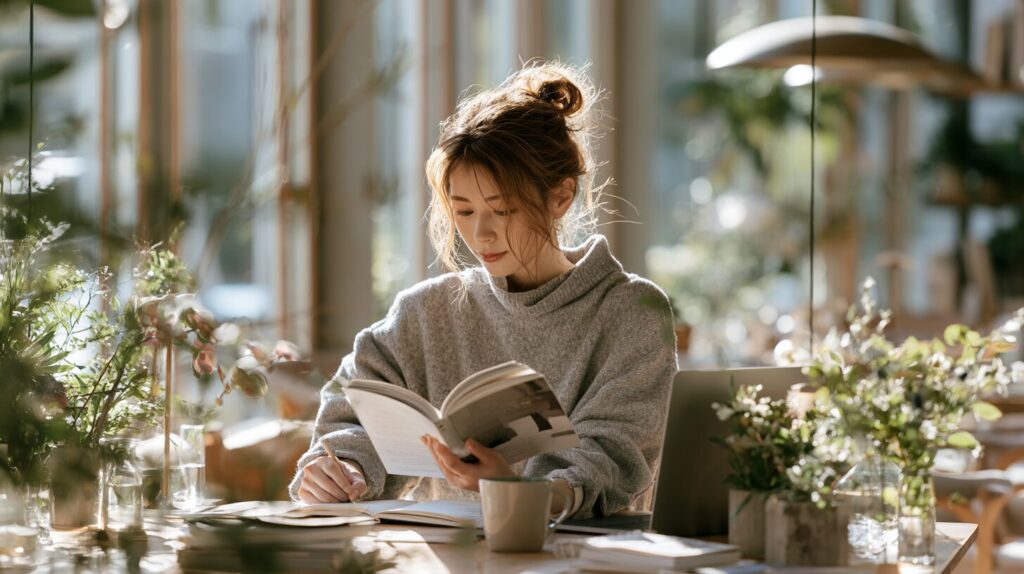 資格の勉強をしながらノートにメモを取る30代女性。転職に向けてスキルアップに取り組む様子。