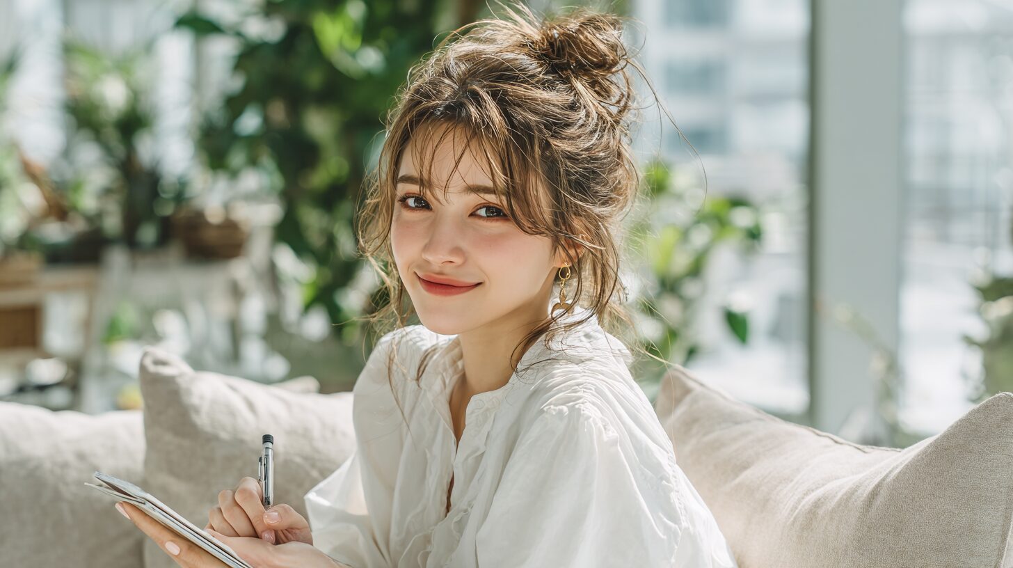 明るい室内でノートを手に微笑む女性。前向きな表情でキャリア形成や自己成長に向けて取り組む様子