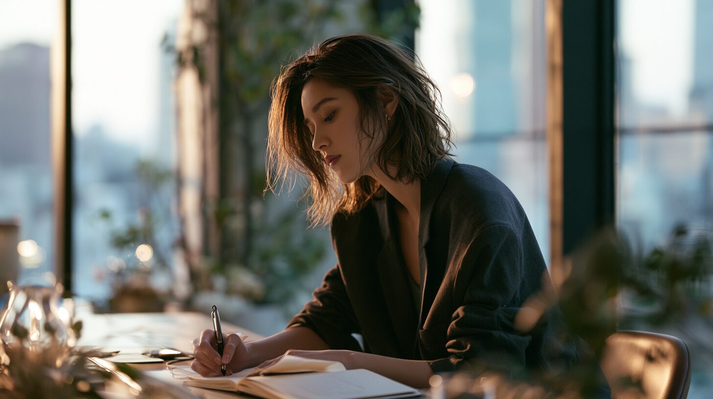 ノートに向かいながら考え込む女性。仕事を続けるべきか、このままの働き方でよいのか悩みながら将来を見つめている様子。