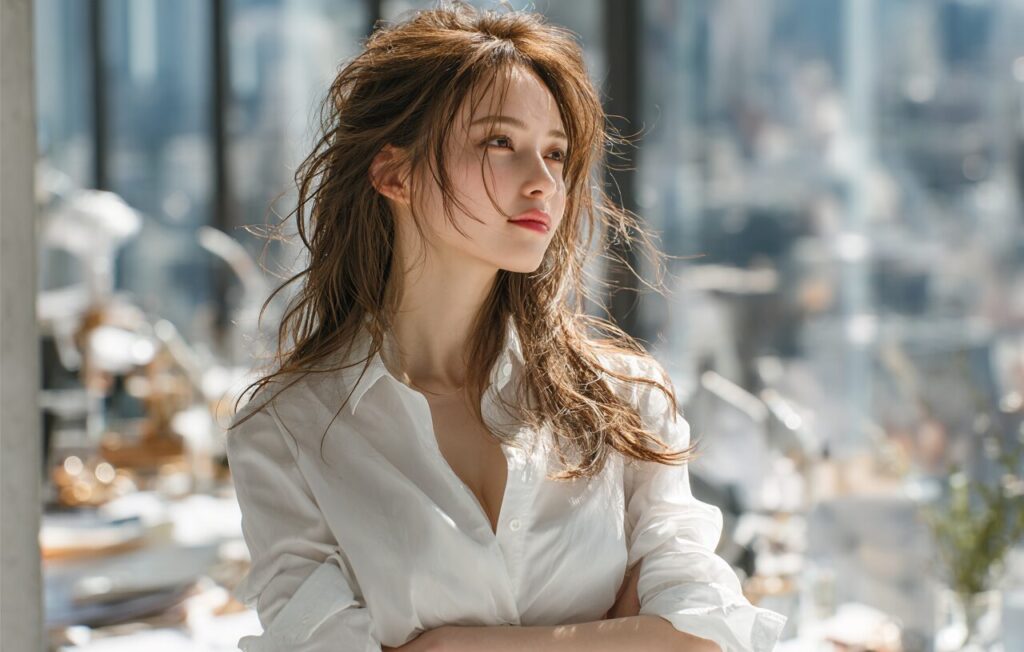 オフィスで窓の外を見つめる女性。管理職への昇進やキャリアの選択について考えている様子。