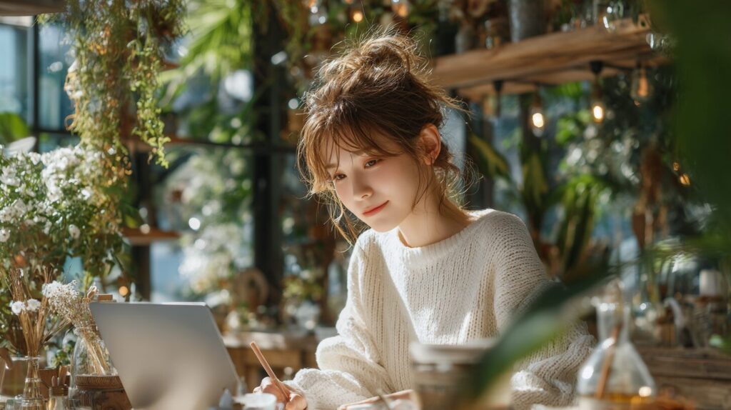 30代女性が自然光の入るカフェでノートPCを使って情報収集をしている様子。30代女性の転職や資格取得をイメージしたアイキャッチ画像。