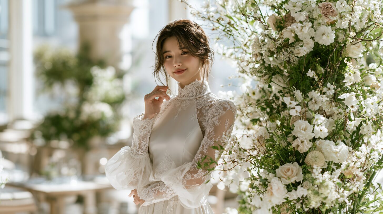ウェディングドレス姿の女性が花々に囲まれて微笑む様子。結婚を機に将来のキャリアや働き方について考える女性をイメージした写真。