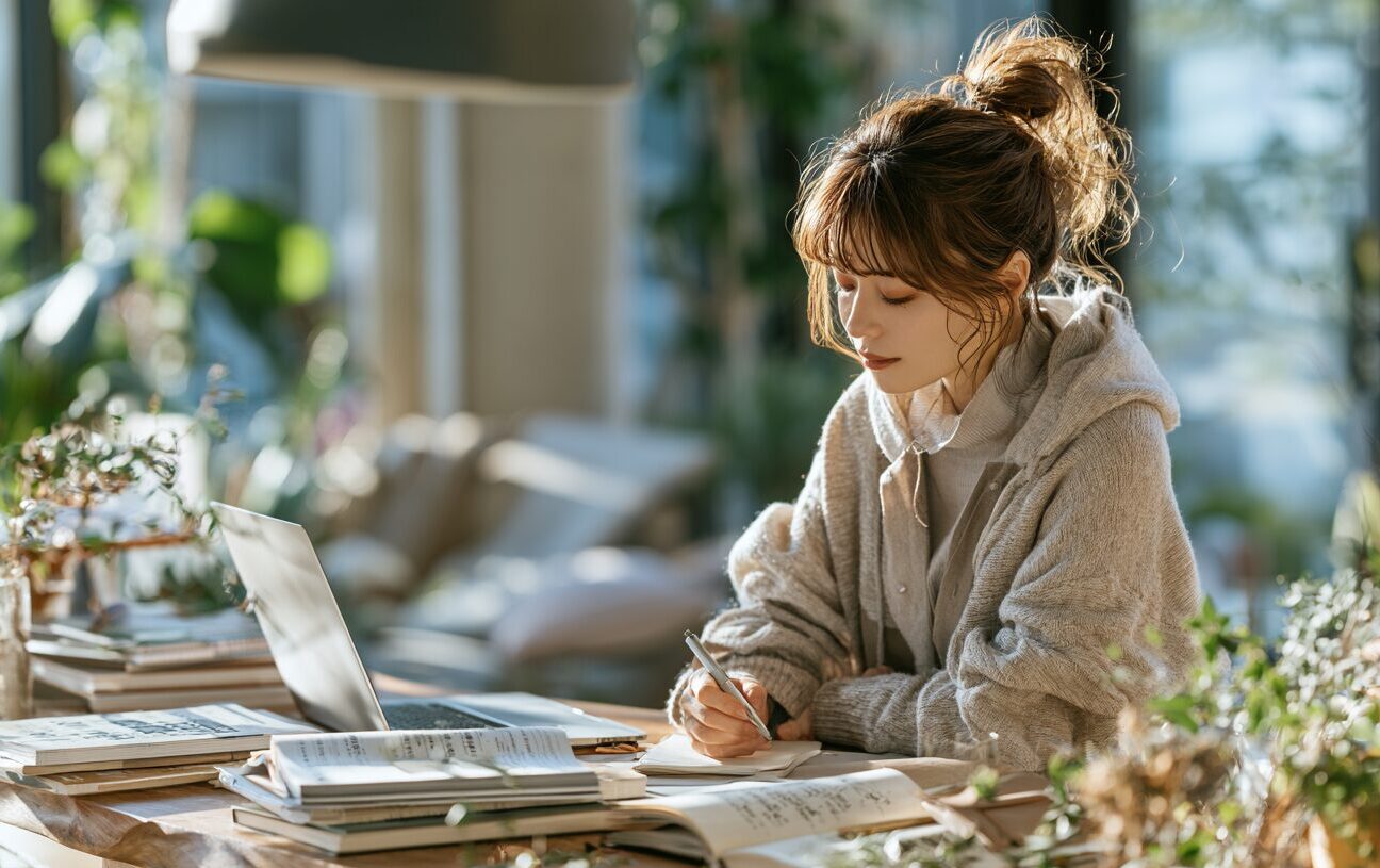ノートパソコンと参考書を前に勉強する30代女性。転職に役立つ資格取得について情報収集や学習を進めている様子。