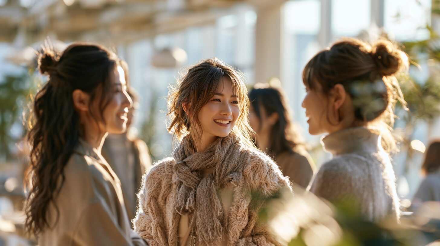 明るく開放的なオフィス空間で、複数の女性が笑顔で交流しながら情報交換を行う様子。女性が活躍できる企業や働きやすい職場環境をイメージした写真。
