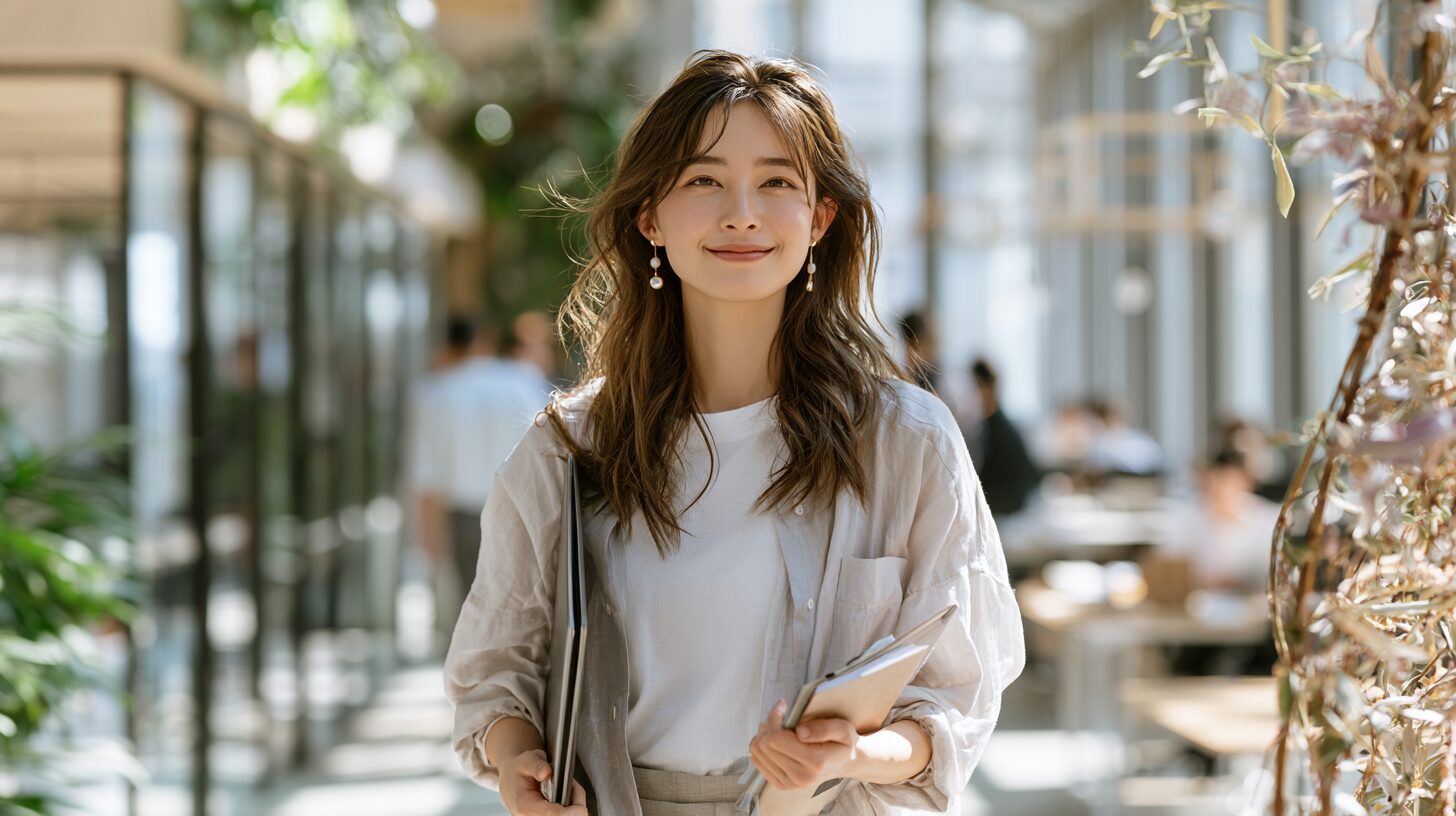 ノートパソコンとタブレットを持ちながら笑顔で歩く女性。新しい副業に挑戦し、自分らしい働き方を目指している様子