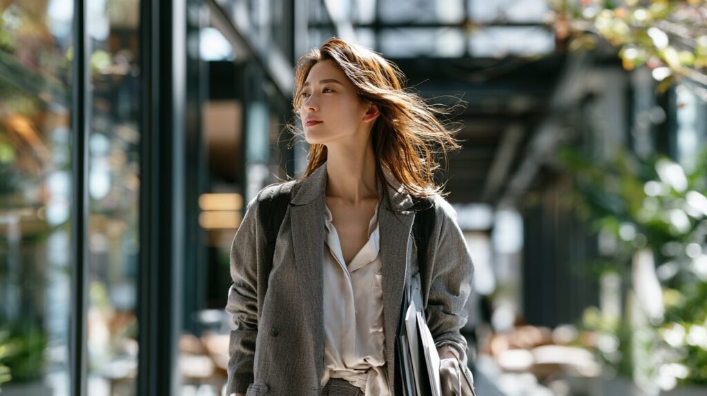 ブランク期間を経て再就職を目指す女性が、明るいオフィス空間を前向きな表情で歩いている様子