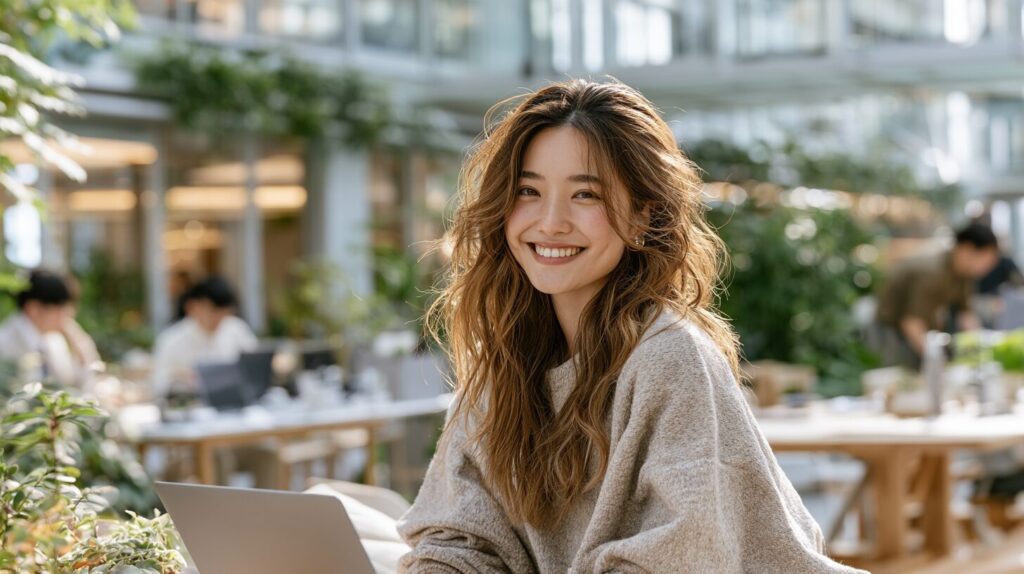 ノートパソコンを前に笑顔を見せる女性。在宅で起業したい女性向けのアイデアや新しい働き方をイメージした画像。