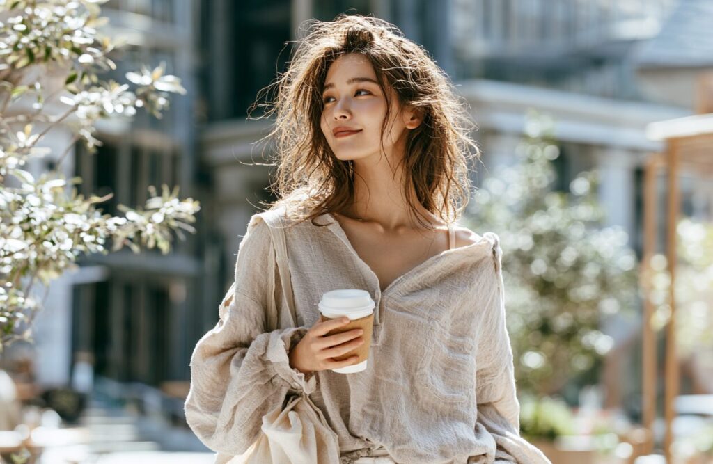 コーヒーを片手に街を歩く笑顔の女性。転職を成功させ、新しいキャリアに前向きな気持ちで歩み出す姿をイメージした写真。