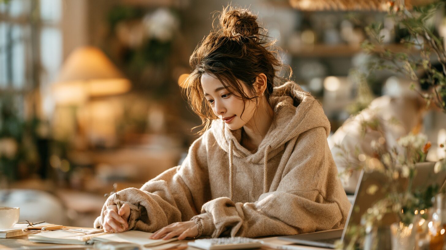 30代女性が落ち着いた室内でノートにメモを取りながら、未経験転職への不安や今後のキャリアについて考えている様子