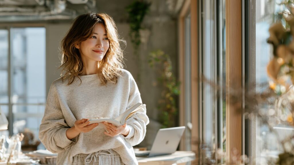 ノートパソコンで在宅ワークに取り組む40代女性。副業で収入を増やし、成功を目指すイメージ。