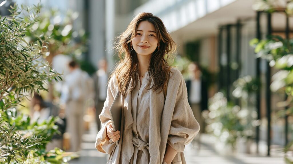 ノートパソコンを持ち、明るい表情で新たな一歩を踏み出す40代女性。セカンドキャリアや転職に前向きに挑戦するイメージ。