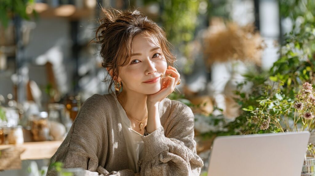 ノートパソコンを使って仕事をする40代女性。未経験から副業で成功し、収入アップを目指すイメージ。