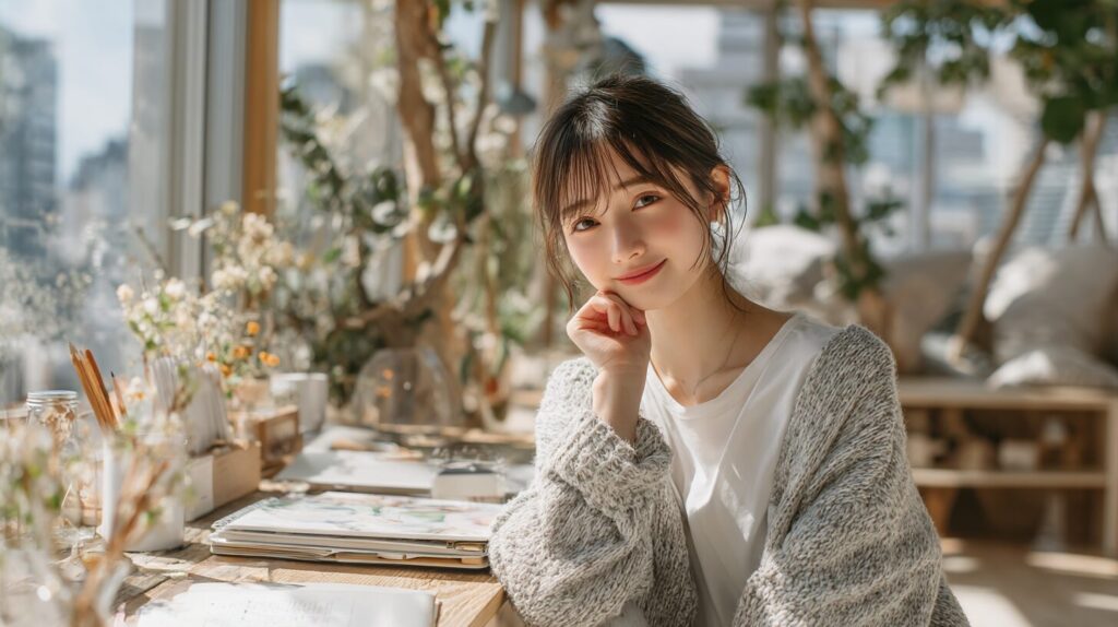 自然光が差し込む明るい空間で、自分に合う副業や働き方を考える女性の様子。優しい表情で前向きな一歩をイメージした「副業 向いてる 診断」のアイキャッチ画像。