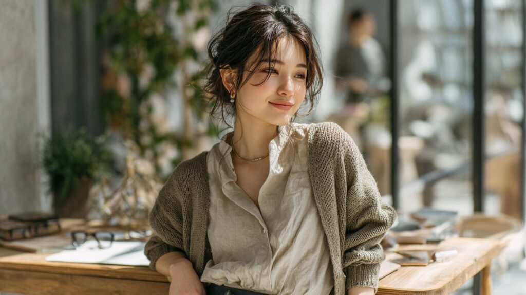 穏やかな表情で考えごとをする女性経営者のイメージ。女性経営者の特徴に自信がなくても、自分らしく成長する考え方を紹介する記事のアイキャッチ画像。
