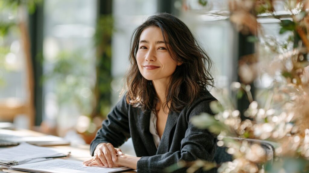 50代女性が明るい表情で新しいキャリアに向き合う様子。50代女性の転職の現実や再就職の可能性をイメージした写真。