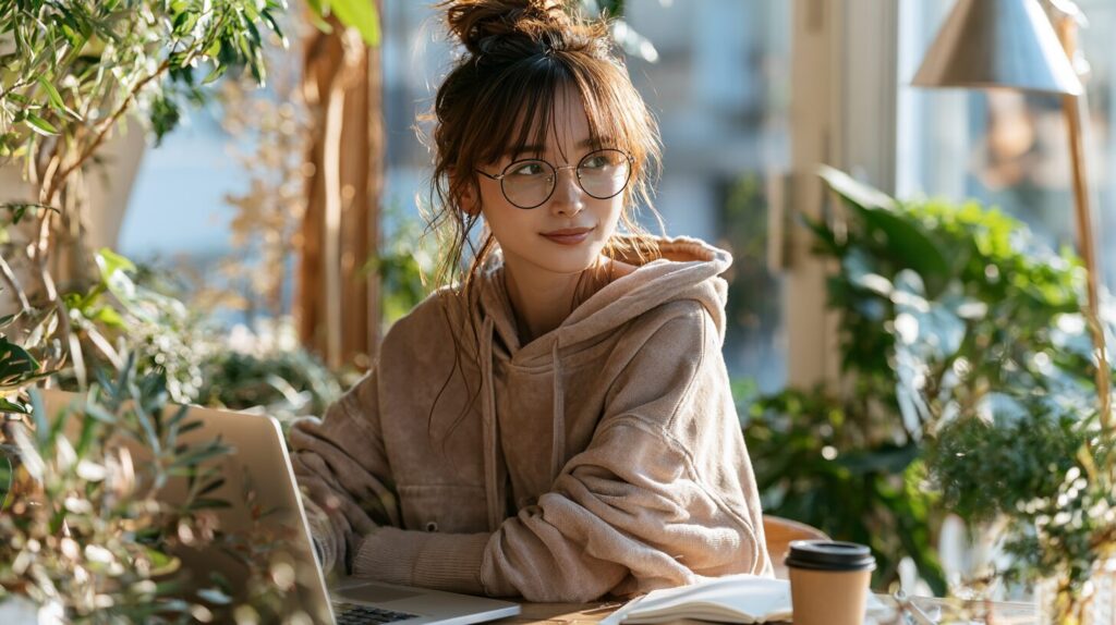 ノートパソコンを前に勉強する女性の様子。働きながら資格取得を目指し、スキルアップやキャリアアップを目指すイメージ。