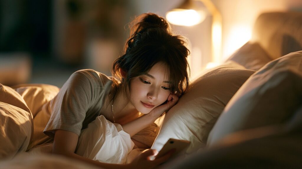 ベッドでスマートフォンを操作する女性。スマホだけで始める副業の安全性を確認しているイメージ