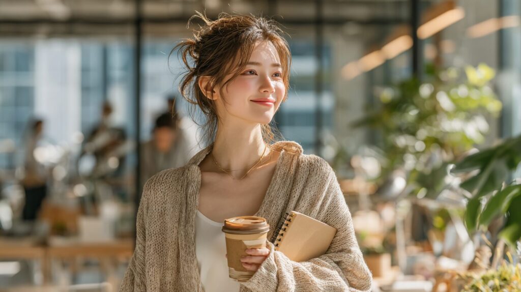 ノートとコーヒーを手に明るい表情で歩く女性。会社以外の収入源づくりや個人で稼ぐ働き方をイメージした写真。