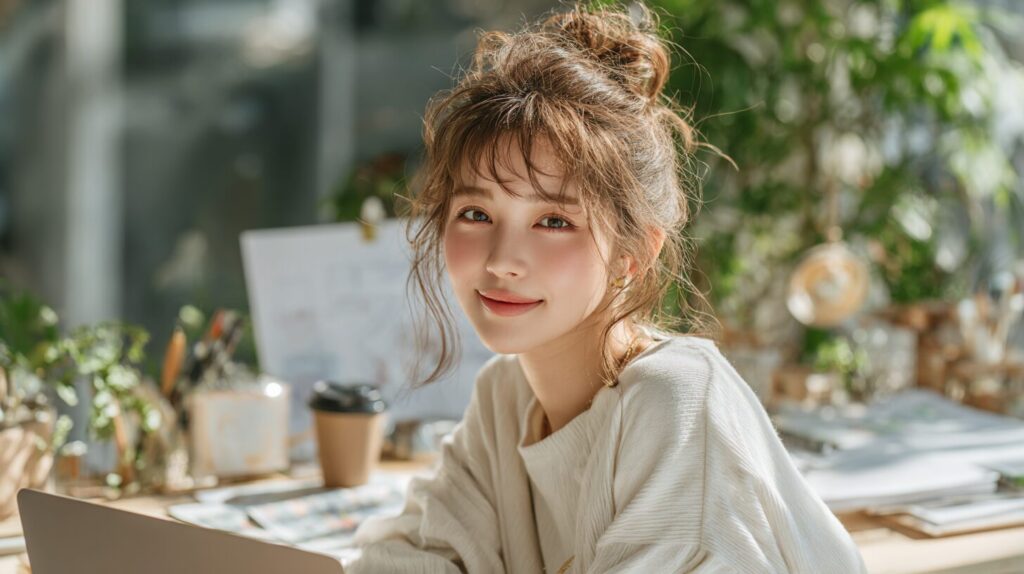 ノートパソコンのあるデスクで学習する女性の様子。働きながら資格取得を目指し、転職やキャリアアップに向けて勉強するイメージ。