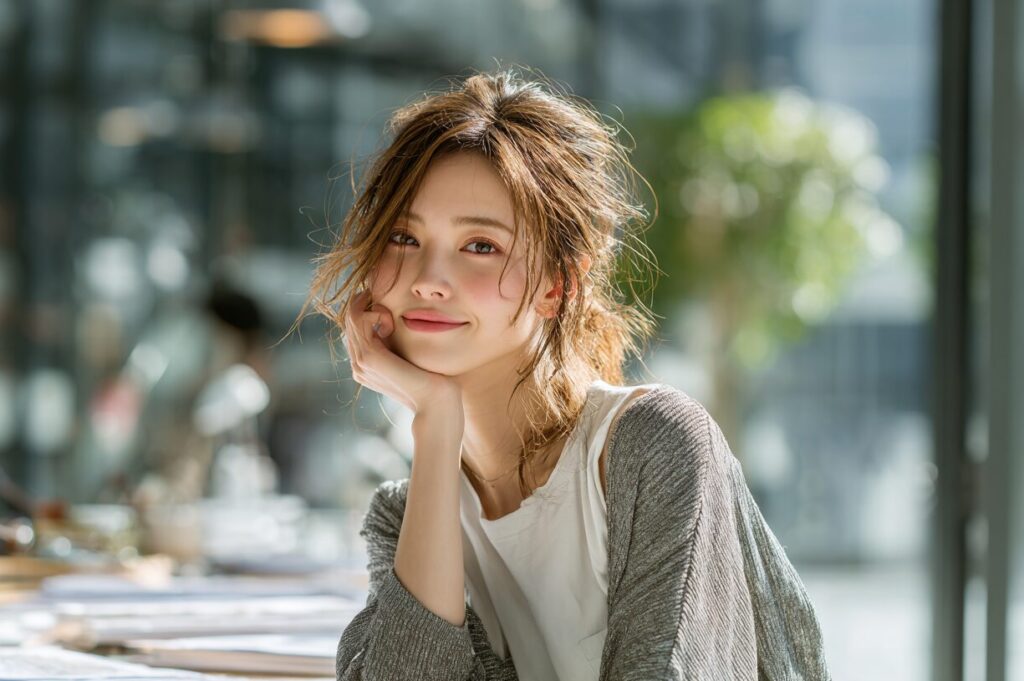 女性起業に必要な資格を検討する若い女性がオフィスで微笑む様子。起業前の資格選びやキャリア設計をイメージしたアイキャッチ画像。