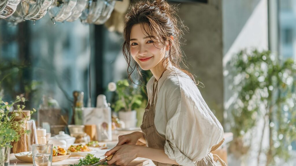 家事の合間にキッチンで料理をしながら笑顔を見せる女性。在宅副業で月5万円を目指すライフスタイルをイメージした写真。