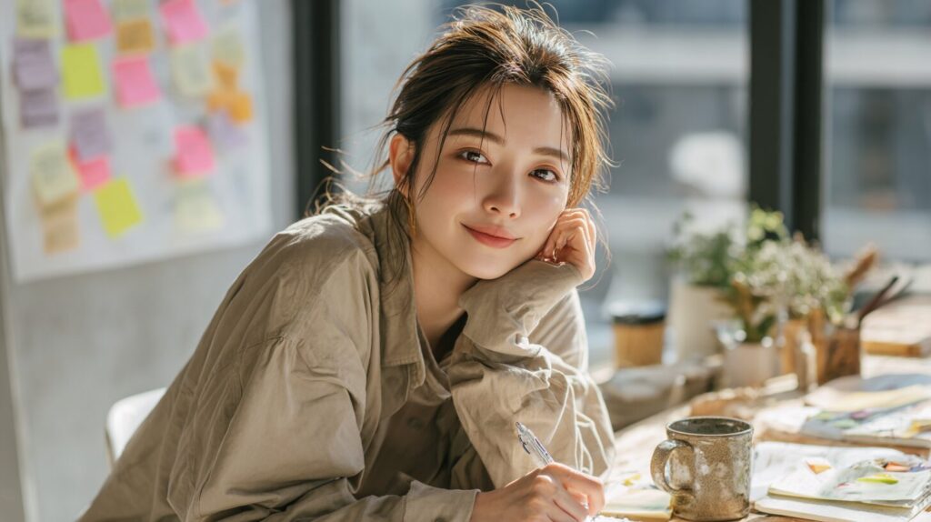 自分の強みがわからず自己分析に取り組む女性のイメージ。ノートに考えを書き出して棚卸しをする様子