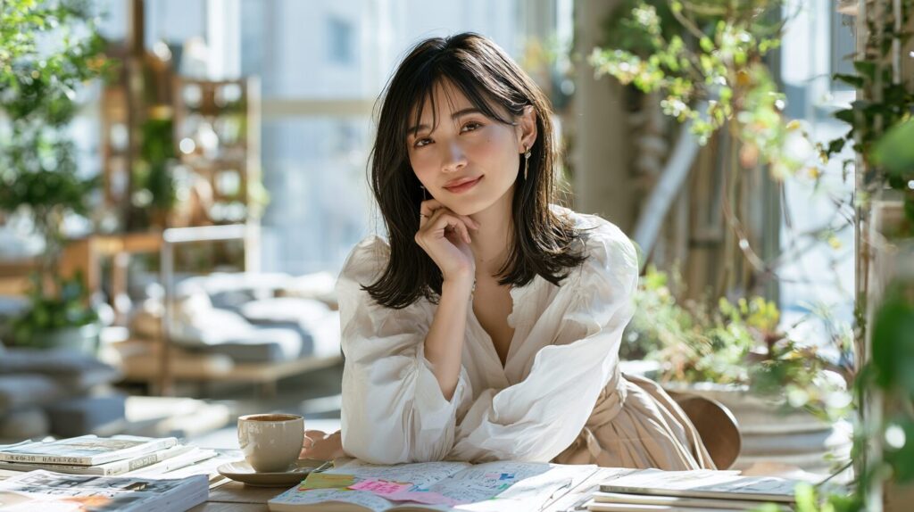 明るい室内でノートやパソコンを前に微笑む30代女性。未経験から始められる在宅副業やAIを活用した働き方をイメージした写真。