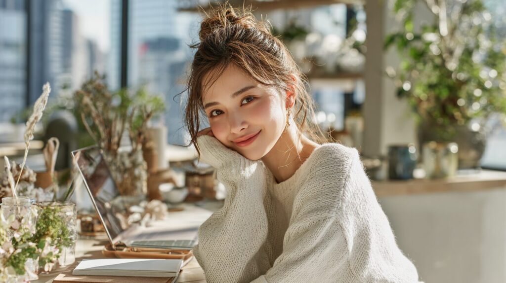 明るい自然光が差し込む室内で、ノートパソコンの前に座り穏やかに微笑む女性。結婚後の働き方やライフスタイルについて前向きに考えるイメージ。