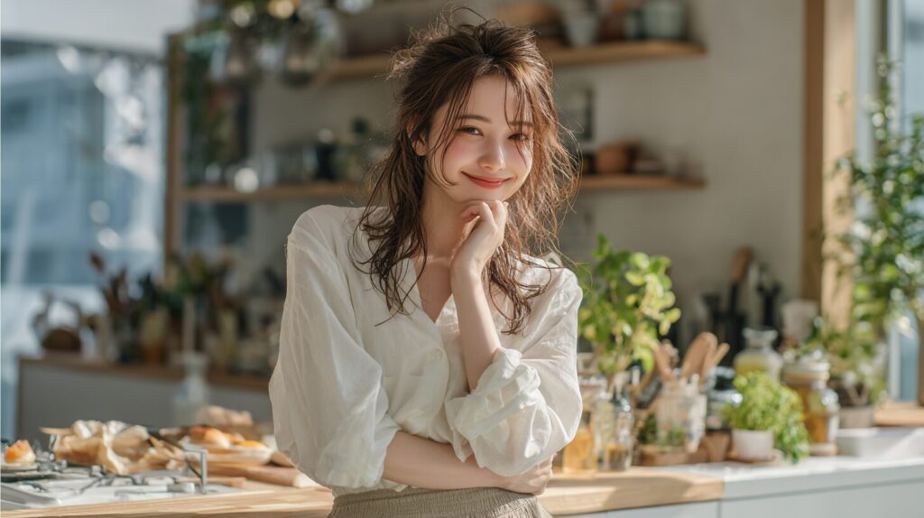 明るいキッチンで穏やかに微笑む女性。結婚後の働き方やライフスタイル、キャリアの選択肢について前向きに考えるイメージ。