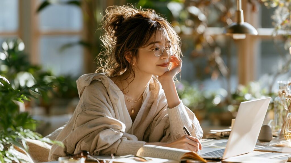 ノートパソコンを使いながら仕事や学習をする資格なしの女性。未経験から自分に合う仕事を探し、新しいキャリアを考えているイメージ。