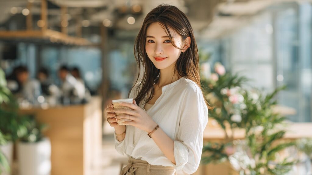 カフェで飲み物を持ちながら微笑む女性。スキルや資格がなくても転職を目指せるイメージ。