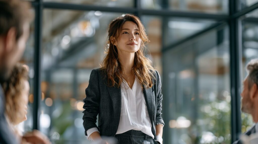 会議で自信を持って話すビジネススーツ姿の女性。転職で成功するためのポイントをイメージした写真。